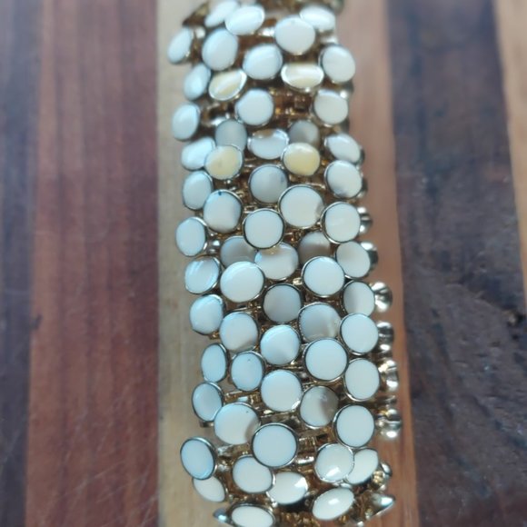 Gold Tone Stretch Cream Enamel Dotted Elegant Bangle Made in Italy Bracelet - Picture 7 of 8